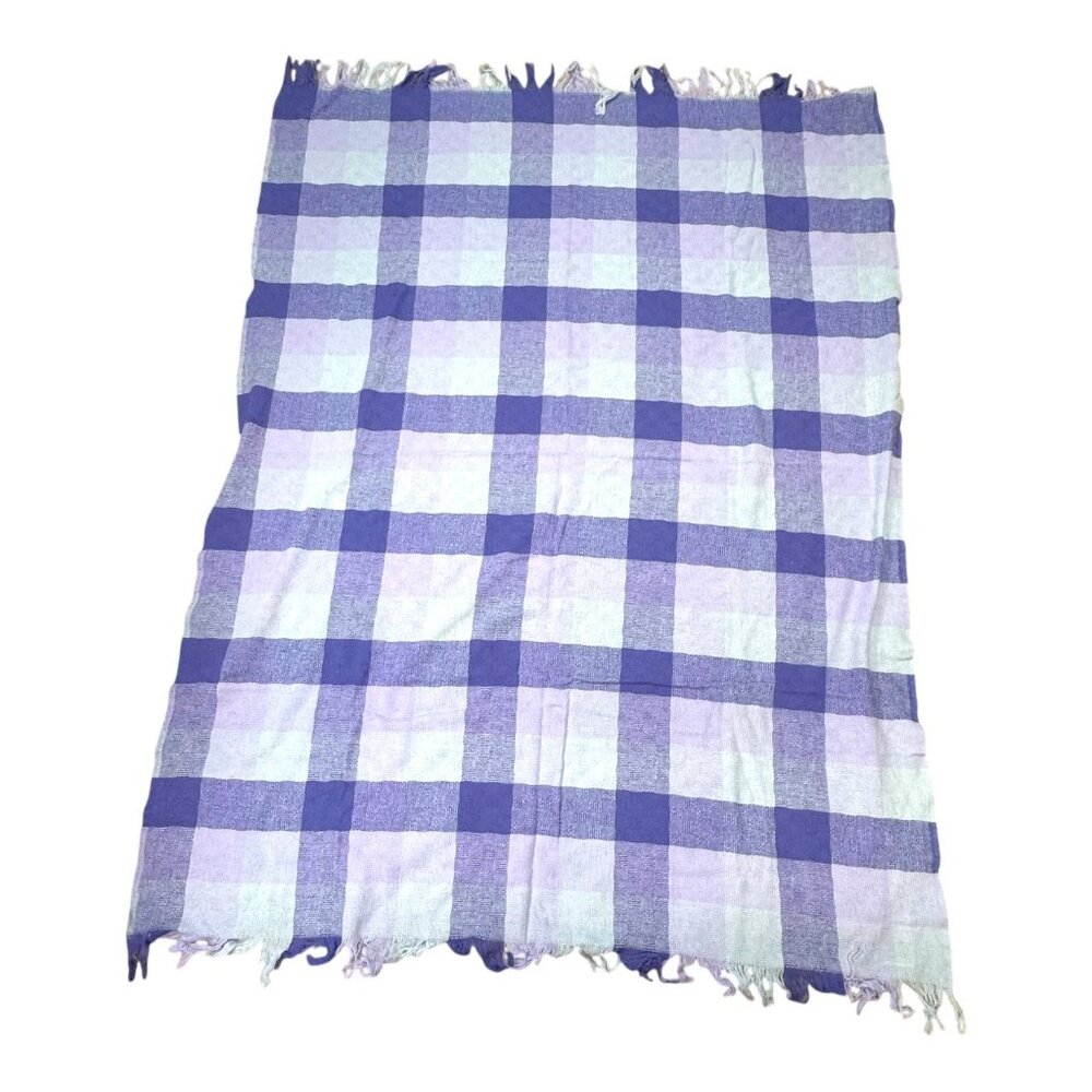 Faribo Lumenaire Plaid Blue Bluewood Periwinkle Sky Wool Throw Blanket Fringed